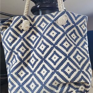 Blue and Cream Travel Tote Bag with Geometric Pattern